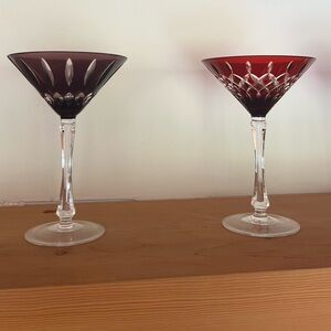 Two Birks Cut Crystal Martini Glasses, Purple + Red in excellent condition.